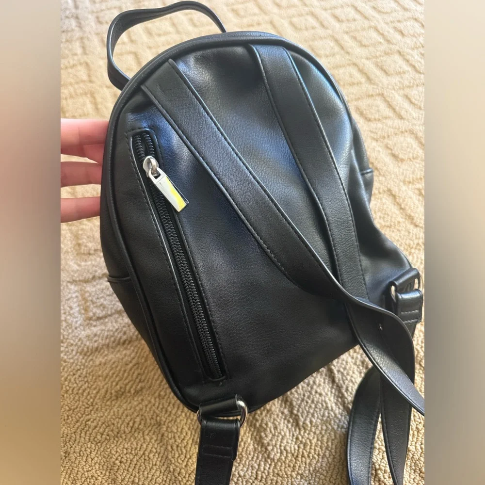 Mini Black Backpack, Faux Leather with Silver Hardware
